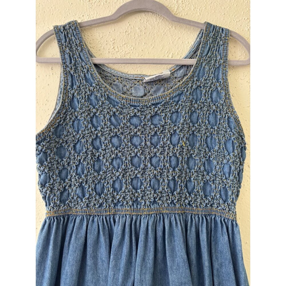 Vintage Blue Denim Sleeveless Crochet Bodice Midi Dress Size SM